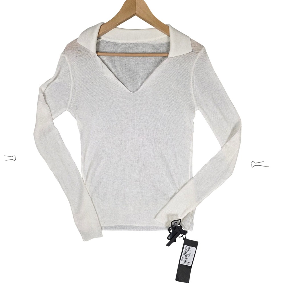 T-Yeah Ribbed Wool Blend V-Neck Long Sleeve Shirt Womens L White NEW Preppy